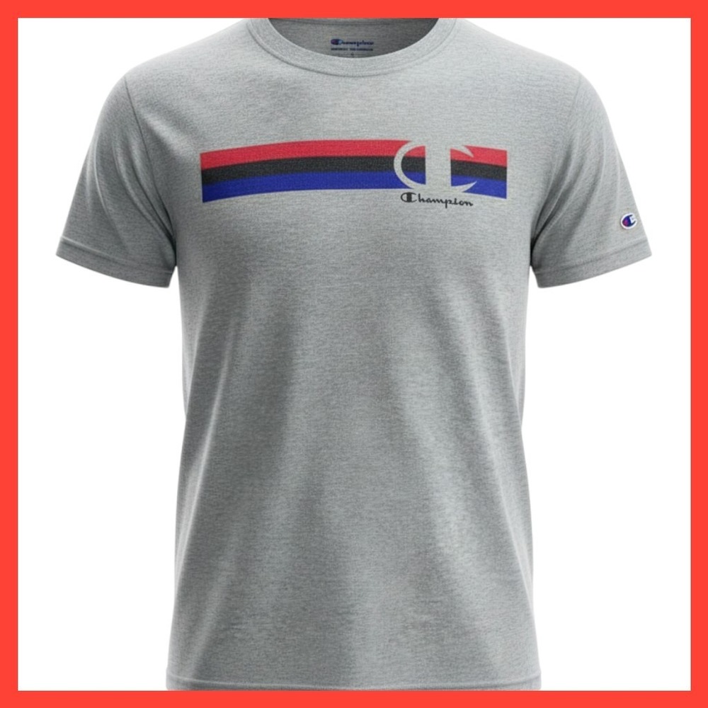 Champion Mens Heather Gray Graphic Stripe Logo T-Shirt Crew Neck Large